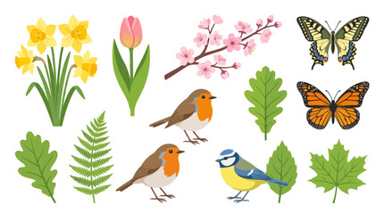 Obraz premium Collection of Colorful Flowers Birds Butterflies and Green Leaves.