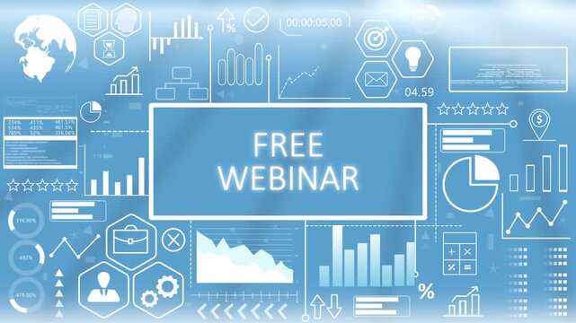Free Webinar, Animated Typography.Online educational free webinar promotional screen featuring a glowing blue digital business interface with abstract attendance analytics.
