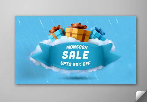 Editable Monsoon Sale TV Ads Banner Design with Up to 50 Percent Off, Colorful Gift Boxes and Clouds in Rainfall Blue Background.