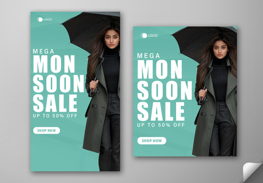 Editable Monsoon Mega Sale Social Media Post and Story Template Design with Up to 50 Percent Off and Female Model Holding Black Umbrella on Teal Background Photo.