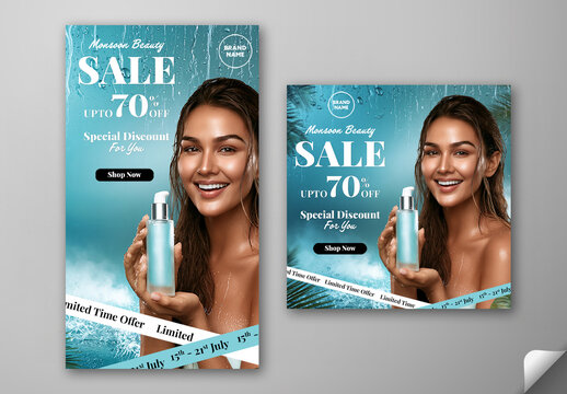 Editable Monsoon Beauty Sale Social Media Post and Story Template Design with Up to 70 Percent Off and Female Model Showing Cosmetic Product on Rain Background Photo.