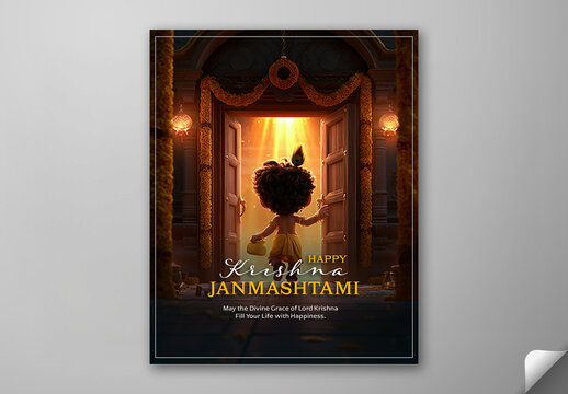 Editable Happy Krishna Janmashtami Social Media Greeting Post Template with Cute Bal Gopal Walking Through Door and Makhan Pot Back View Illustration.