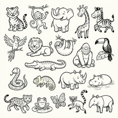 Fototapeta premium Hand-drawn jungle animals vector set, cute safari animal illustrations for coloring book, black and white wild zoo creatures collection