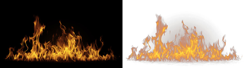 Realistic fire flames on black and transparent backgrounds. Horizontal burning fire border with orange and yellow flames. Hot bonfire overlay element © Pro_Light
