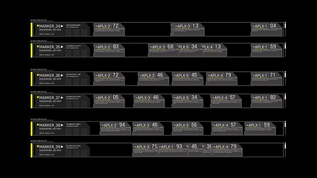 Futuristic HUD Data Array Screen with Scrolling Digital Code and Marker Progress Bars for Sci-Fi Video Editing