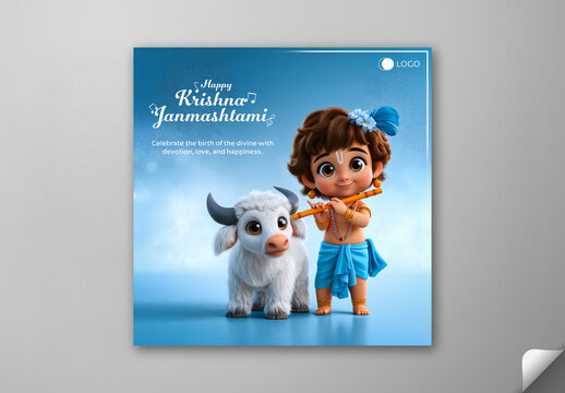 Editable Happy Krishna Janmashtami Social Media Greeting Post Template with 3D Cute Bal Gopal Playing Flute Near White Calf on Blue Background.