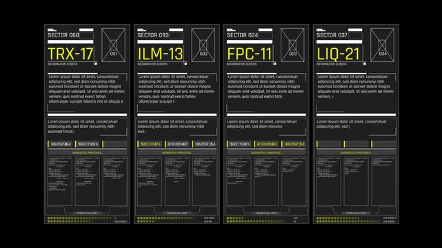 Futuristic HUD Sector Monitor Screen with Four Vertical Loading Data Columns for Sci-Fi Video Production