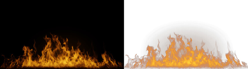 Realistic fire flames on black and transparent backgrounds. Orange burning blaze border element for VFX and graphic design. Isolated fire effect with alpha channel preview © Pro_Light