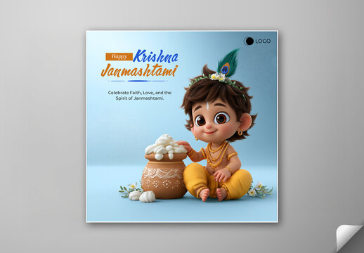 Editable Happy Krishna Janmashtami Social Media Greeting Post Template with 3D Cute Little Krishna Holding Makhan Pot on Blue Background.