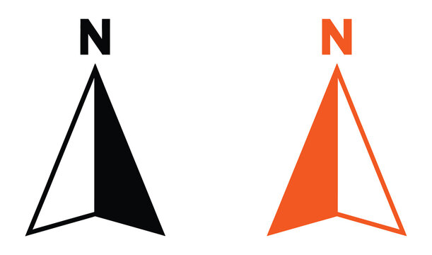 Compass and north direction icon set with navigation arrows, map symbols, and travel orientation elements for vector illustration