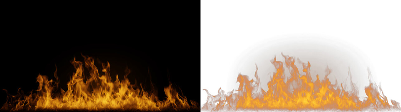 Realistic fire flames on black and transparent backgrounds. Orange burning blaze border element for VFX and graphic design. Isolated fire effect with alpha channel preview