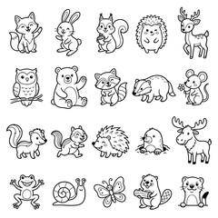 Fototapeta premium Cute forest animals coloring book set, 20 woodland creature line art icons, black and white cartoon animal illustrations for kids education