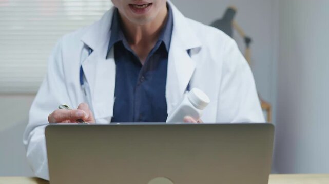 Doctor explaining treatment and medication instructions to a patient online through a laptop during a telehealth consultation, representing digital healthcare, prescription guidance, remote medical ad