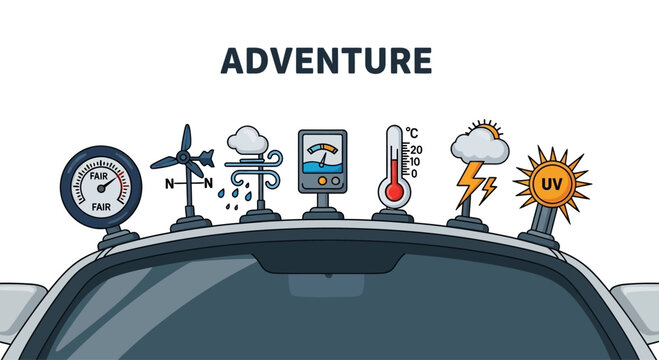 Adventure Weather Instruments on Car Roof: Barometer, Wind Vane, Thermometer, UV