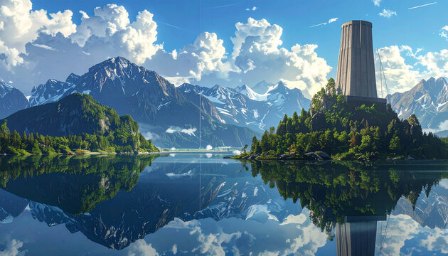 Serene landscape with tower on island amidst mountains and lake