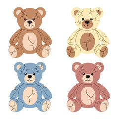 Fototapeta premium Four Vintage Teddy Bears with Cracked Texture, Isolated on White Background