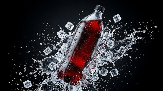 Plastic bottle of dark soda drink splashing with falling ice cubes on a black background. 2 liter soda