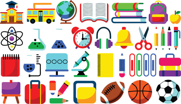 Colorful back to school vector icon set featuring education supplies learning tools sports equipment and classroom elements