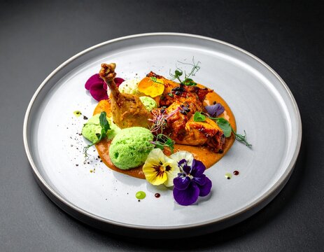 Contemporary Indian Tandoori Chicken Fine Dining Gourmet Plating with Edible Flowers and Herb Mousse on Elegant Ceramic Plate