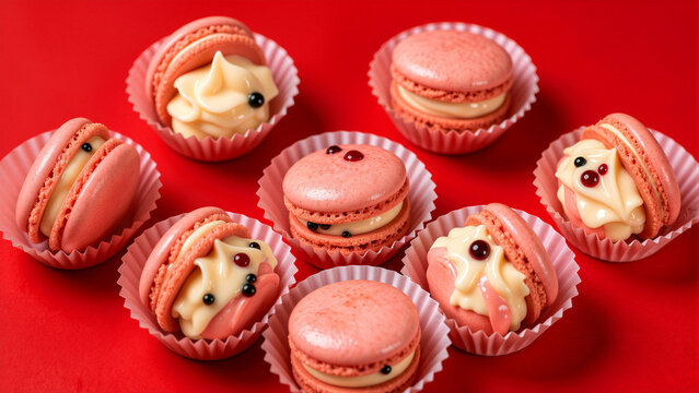 Pink macarons with cream filling and berries