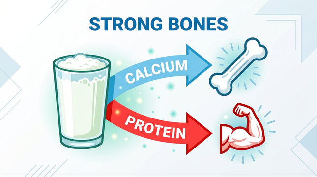 Illustration highlighting the advantages of kefir for strong bones through calcium and muscle health through protein
