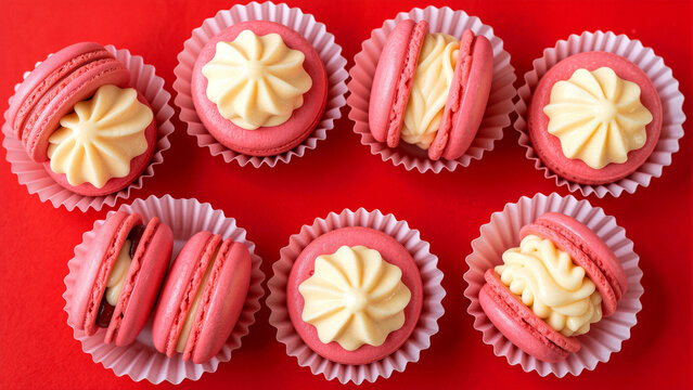 Pink macarons with cream filling on red background