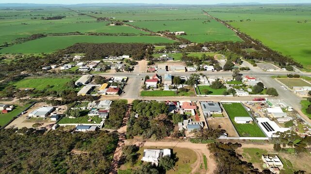 Alford, South Australia &ndash; 4K aerial drone footage of rural township, yorke peninsula farmland, agricultural landscape, residential houses, estates, country roads and australian countryside.
