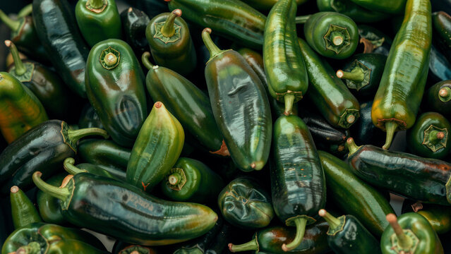 Pile of fresh green poblano peppers