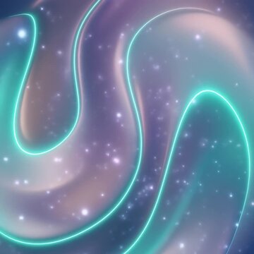 Soft aqua, lavender and pearl gradients flow through crystal clear glass layers with neon cyan edges and luminous particles, creating a premium futuristic abstract background with copy space.