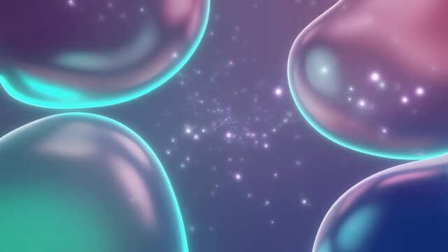 Soft aqua, lavender and pearl gradients flow through crystal clear glass layers with neon cyan edges and luminous particles, creating a premium futuristic abstract background with copy space.