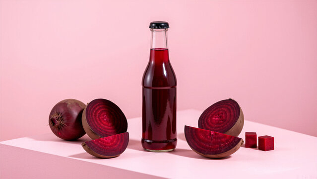 Bottle of beet juice with fresh beets