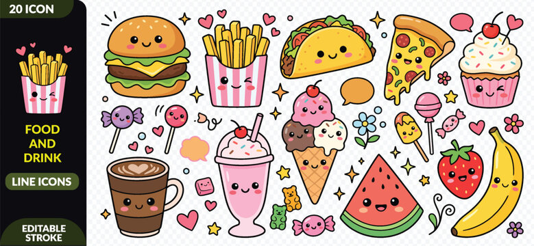 Set of cute kawaii food and drink icons with funny faces including burger fries taco pizza and ice cream