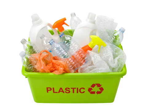 Various plastic bottles and waste items packed tightly inside a bright green recycling bin displayed on transparent background