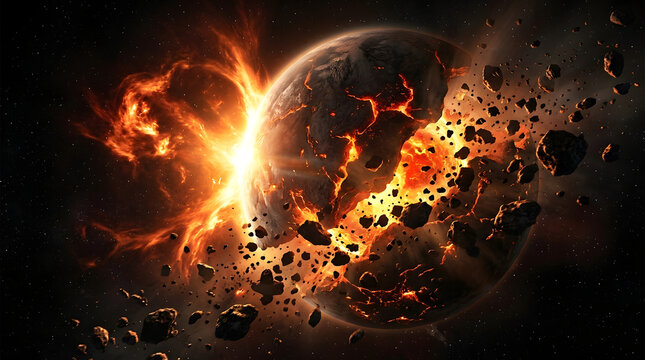 A massive explosion destroys a planet with fire and debris flying everywhere in space
