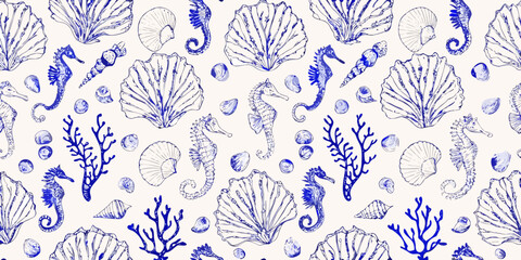 Marine life pattern with seahorses shells and coral blue line art © Sujal