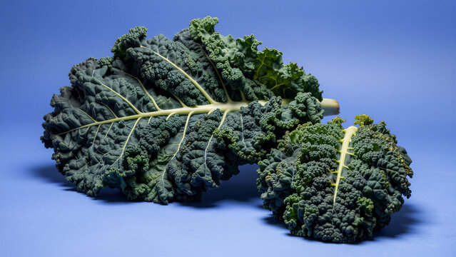 Two dark green kale leaves on a blue background