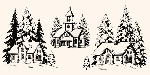Winter village illustrations with coniferous trees black and white sketch style © Sujal