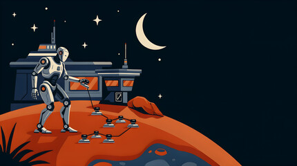 Naklejka premium Retro robot conducting scientific research on a mysterious alien moon surface under the crescent moon