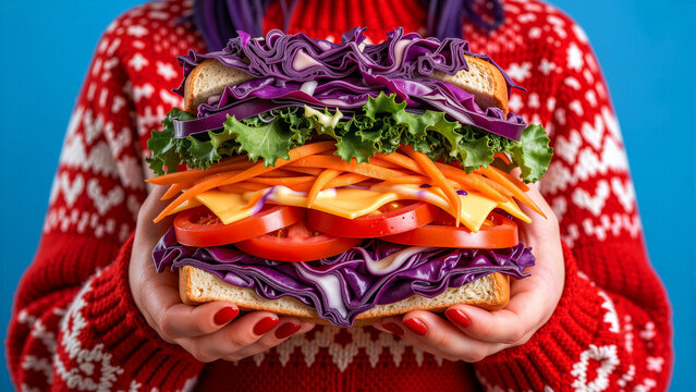 Person holding a colorful vegetable sandwich