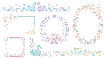 Set of decorative frames and borders with swans and floral elements in pastel colors, perfect for invitations and design. © Pink