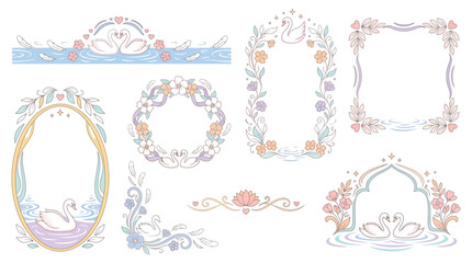 Collection of elegant decorative frames and borders featuring swans and floral elements in pastel colors. © Pink