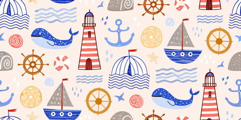 Nautical Seamless Pattern With Whales Sailboats And Lighthouse Elements © Sujal