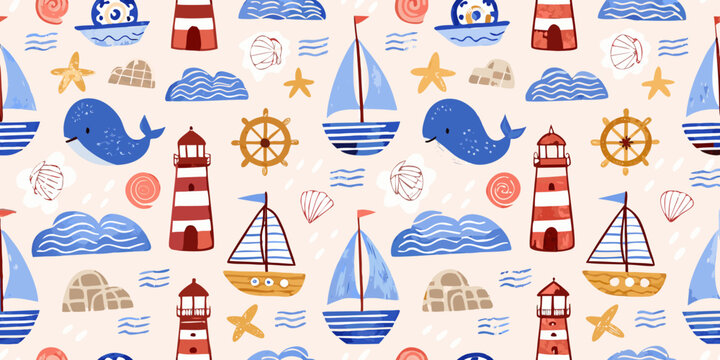 Nautical Seamless Pattern With Whales Lighthouses And Sailing Boats