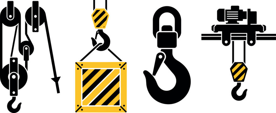 Industrial Block and Tackle Pulley System and Crane Hook Vector Set Featuring Electric Overhead Hoist, Cargo Crate Slings, and Heavy Lifting Rigging Equipment