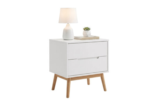 Modern white two-drawer nightstand with a lamp and succulent plant, isolated.