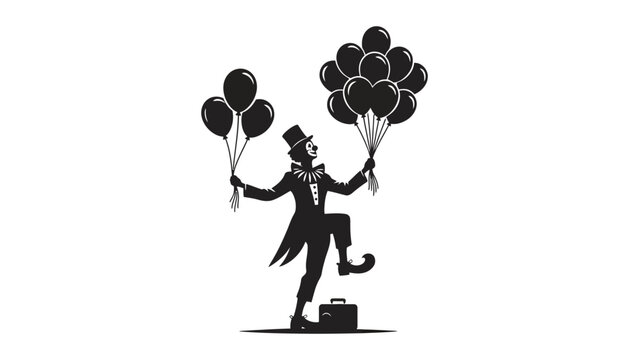 Circus clown silhouette with balloons and suitcase performance