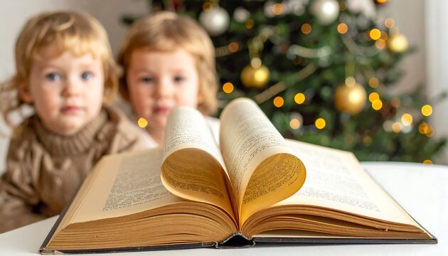 A heart-shaped book lies open on a table with two children and a Christmas tree in the background