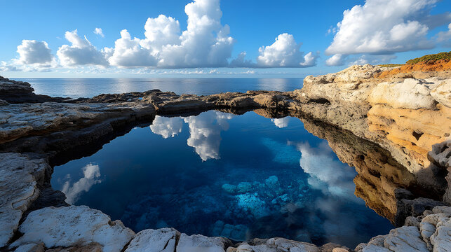 Natural crystal clear rock pool reflecting the blue sky on a rocky coast