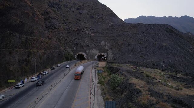 Vehicles enter the twin portals of Zulam Kot Tunnel on the Swat&ndash;Kalam Motorway, Khyber Pakhtunkhwa, Pakistan