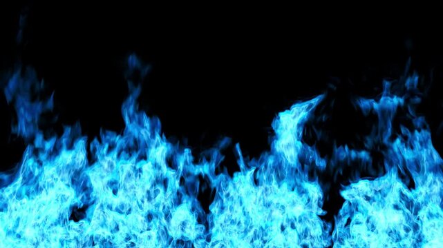Blue fire burning on black background. Blazing blue flames wall of fire. Bright blue fire waves burning loop. Magical blue flames